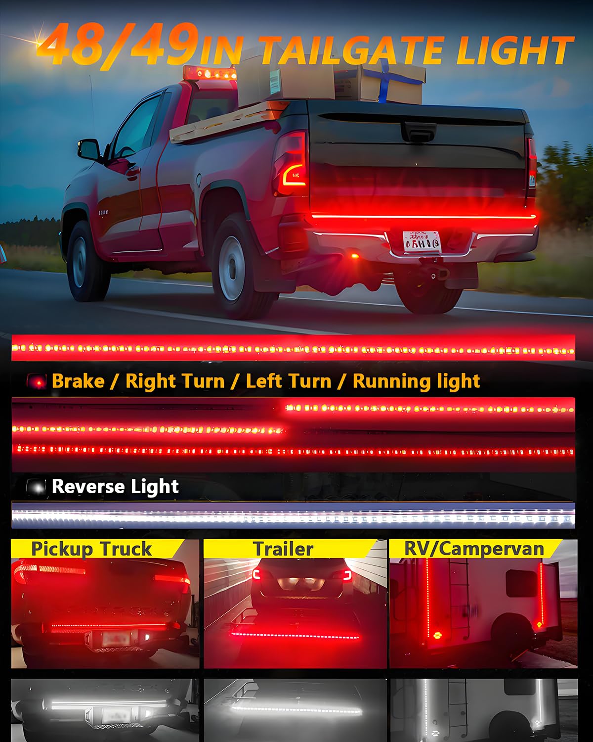 48/49inch LED Truck Tailgate Light Strip 1.2M 5 Function Red/White for Tail Running Brake Light Turn Signal Emergency Warning Reverse Light for Pickup SUV Trailer Cargo