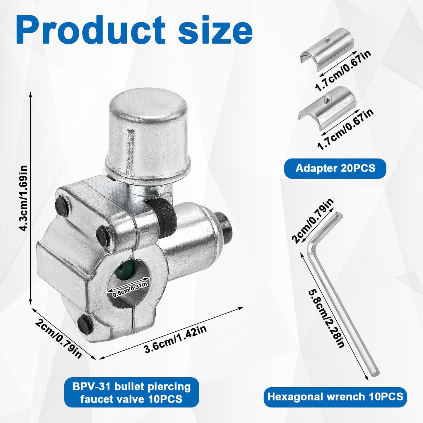 Gosknor 10pcs BPV-31 Bullet Piercing Valve & 10 Hex Key & 20 Adapter, Refrigerator Line Tap Valve Compatible with 1/4" 5/16" 3/8" Outer Diameter Pipes Replace TJ90BPV31,AP4502525,BPV31D,GPV14,MPV31