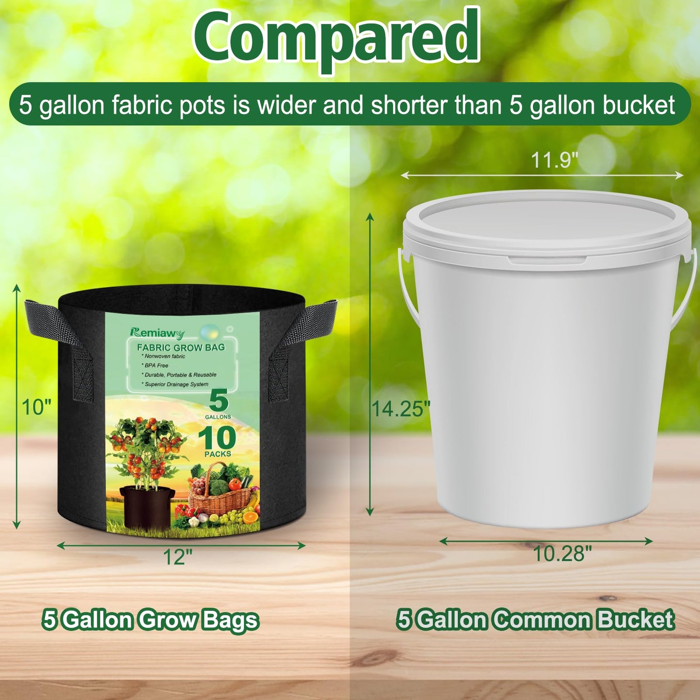 Remiawy Grow Bags, 10 Pack 5 Gallon Aeration Fabric Pots with Handles Reusable Heavy Duty Thickened Nonwoven Indoor Outdoor Garden Plant Containers for Growing Potatoes Tomatoes Plants and Vegetables