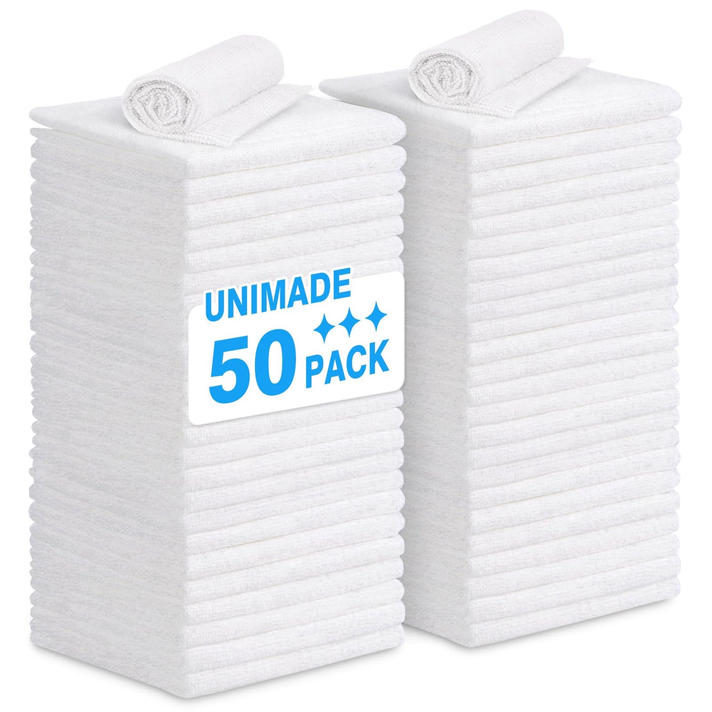 UNIMADE Shop Towel Rags, 50 Pack Reusable Shop Rags Bulk Microfiber Cleaning Cloth Lint Free Cleaning Towels for Car Kitchen Automotive Bar Mechanic Restaurant Garage, 11.5"x 11.5", White