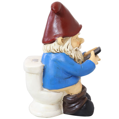 Sunnydaze 9.5" Cody The Funny Garden Gnome - Outdoor Gnome on The Throne Reading His Phone - Yard, Patio, Lawn, and Outdoor Decor