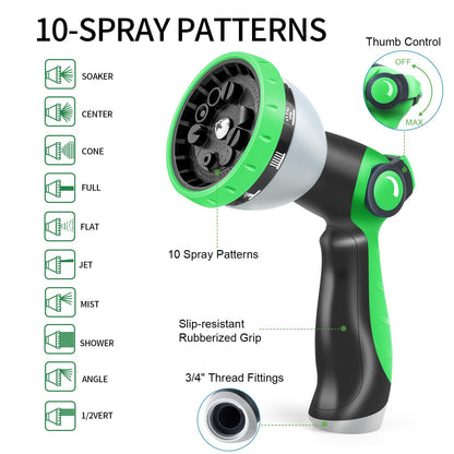 25ft Expandable Garden Hose, Water Hose with 10 Function Nozzle, Flexible Hose with 3/4" Solid Brass Fittings, Extra Strength Fabric, Easy Storage Kink Free, Black & Green