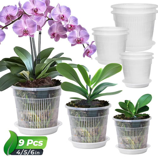 T4U Orchid Pots, 3 Each of 4.3/5.5/6.3 Inch Plastic Nursery Pots with Saucers for Repotting, Slotted Design for Optimal Airflow, Indoor Garden Decor for Beginners and Orchid Enthusiasts