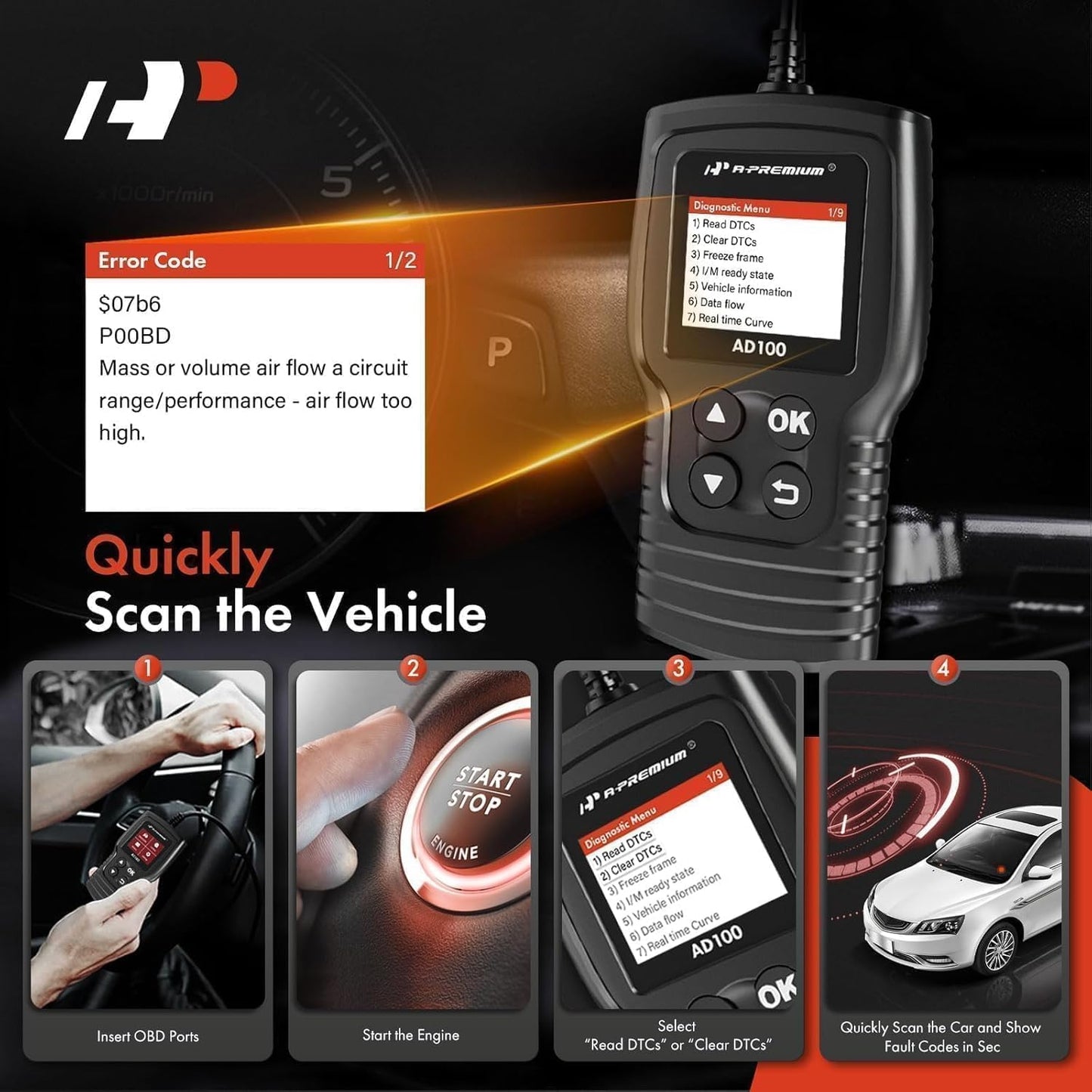 A-Premium AD100 Universal OBD2 Scanner Diagnostic Tool, Car Code Reader OBDII/EOBD/CAN Scan Tool, Check Engine Light/Read Clear Fault Codes/Smog Check/Live Data Stream/Battery Test, For Car Since 1996