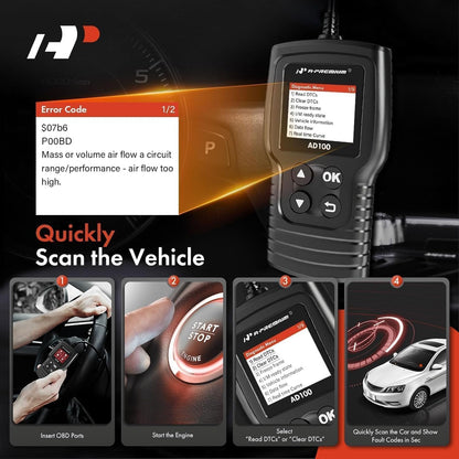 A-Premium AD100 Universal OBD2 Scanner Diagnostic Tool, Car Code Reader OBDII/EOBD/CAN Scan Tool, Check Engine Light/Read Clear Fault Codes/Smog Check/Live Data Stream/Battery Test, For Car Since 1996