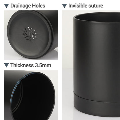 T4U 7/6/5/4 Inch Plastic Plant Pots with Saucer 4-Pack, Flower Planter Pot with Drainage Hole Black, Nursery Planting Pot for Snake Plant, African Violet and House Plants