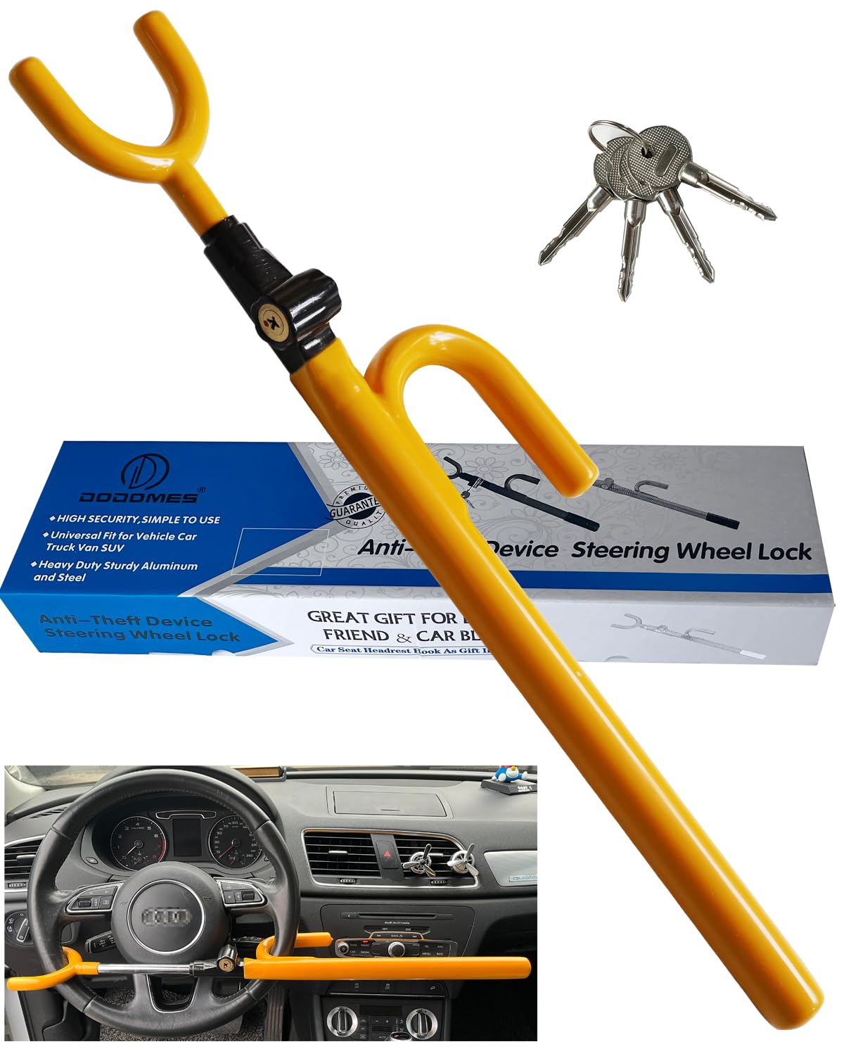 DODOMES Steering Wheel Lock Anti-Theft car Device Car Wheel Locks Heavy Duty Vehicle Security Steering Wheel Lock for Truck Car Vehicles Van Lorry SUV with 4 Keys, Elongated Length MAX 30.5" Yellow