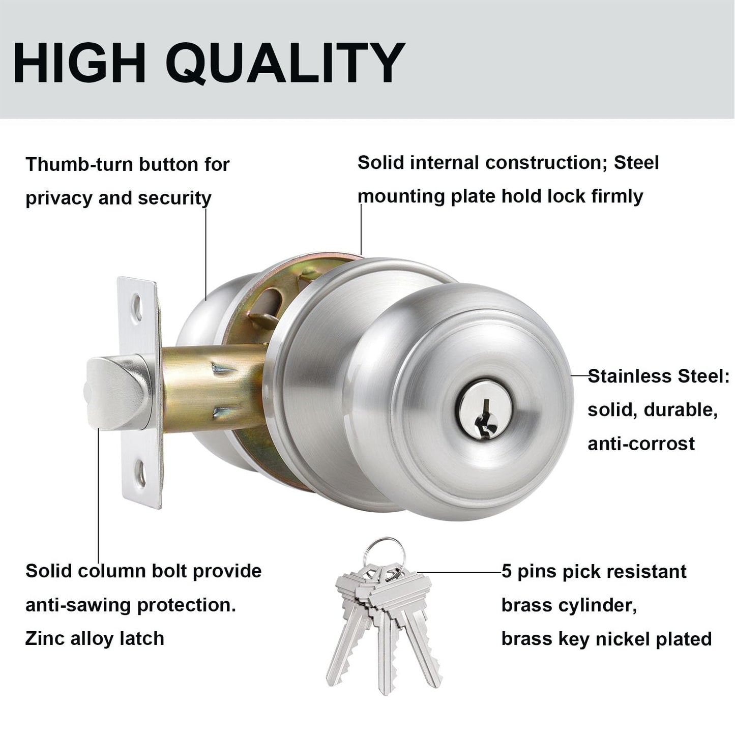 Comfhouse 2 Pack Stainless Steel Ball Entry Door Knob, Keyed-Alike Satin Nickel Entrance Door Knob,Interior/Exterior Door Knob with Lock For Bedroom Bathroom, Front Entry Door Knobs with Lock Same Key