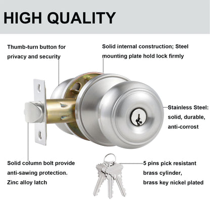 Comfhouse 2 Pack Stainless Steel Ball Entry Door Knob, Keyed-Alike Satin Nickel Entrance Door Knob,Interior/Exterior Door Knob with Lock For Bedroom Bathroom, Front Entry Door Knobs with Lock Same Key