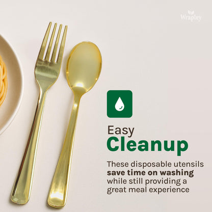 Disposable Gold Plastic Silverware Set – 120-Piece Disposable Plastic Cutlery Set with 40 Forks, 40 Spoons, and 40 Knives – Golden Cutlery Set for Parties, Weddings, and Events – 120 Units, 40 Each