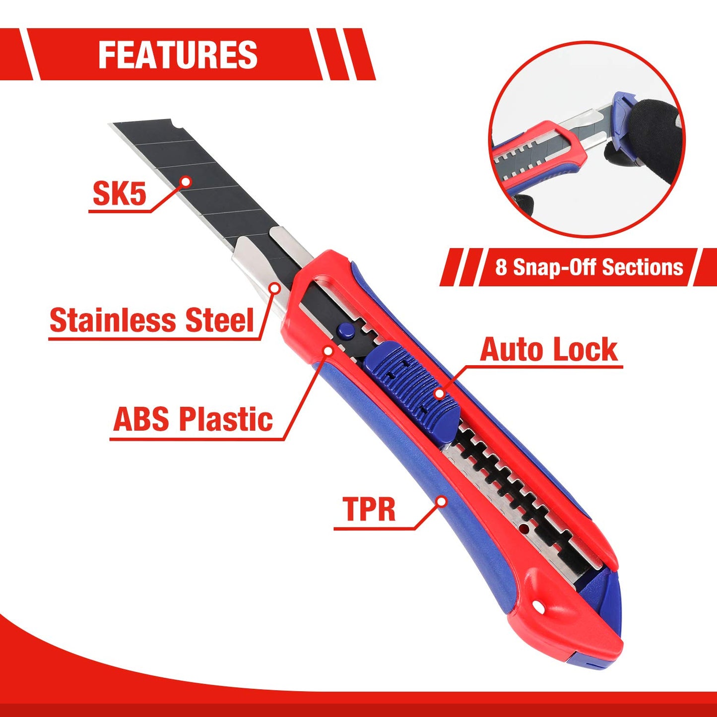 WORKPRO 5-Pack Snap-Off Utility Knife with 20-Pack 18 mm Razor Sharp Blades, Retractable Box Cutter for Cutting Cardboard, Boxes,Carpet, Rope