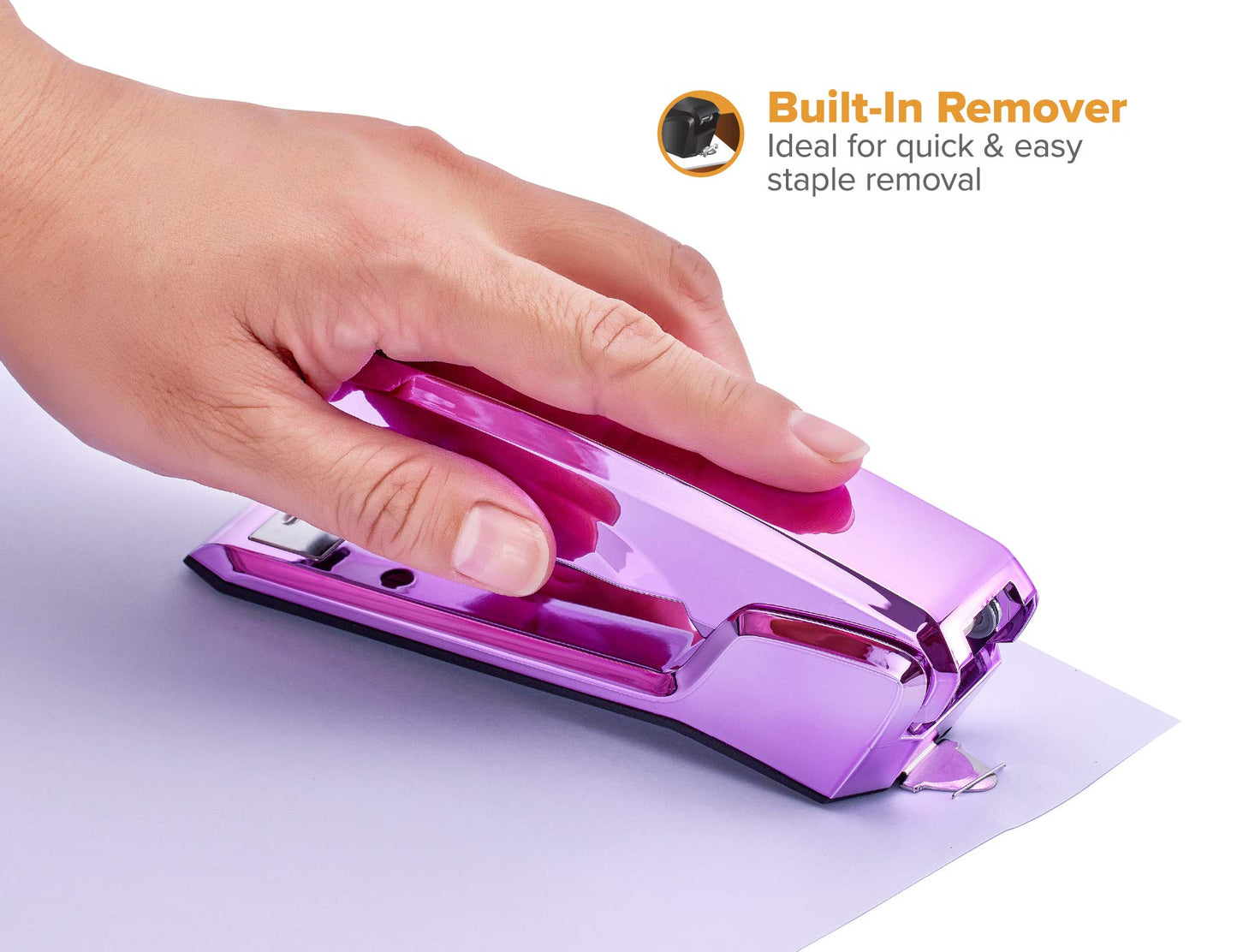 Bostitch Office Ascend 3 in 1 Stapler with Integrated Remover & Staple Storage, 20 Sheet Capacity, Metallic Purple