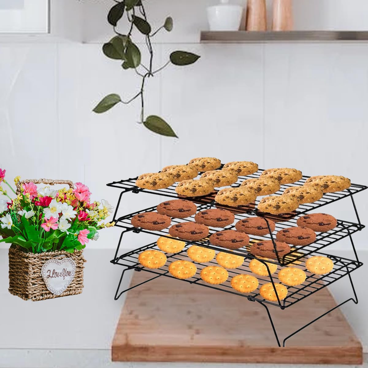 PowerKing 3 Tier Cooling Rack, Foldable Non-Stick Stainless Steel Wire Cake Rack for Pies, Cookies, Pastries, Home Baking, Birthday Party, Wedding Party 15.7'' x 10'' (Black 3 Tier)