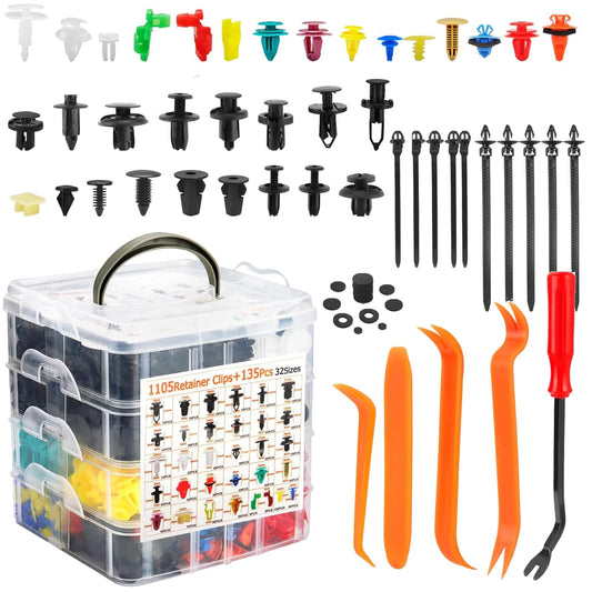 1240PCS Car Retainer Clips Kit – Fix Loose Bumpers/Fenders/Door Panel, 32 Popular Sizes Rivets with 10 Cable Ties and Removal Tool Universal for Toyota Honda Ford Benz Chevy