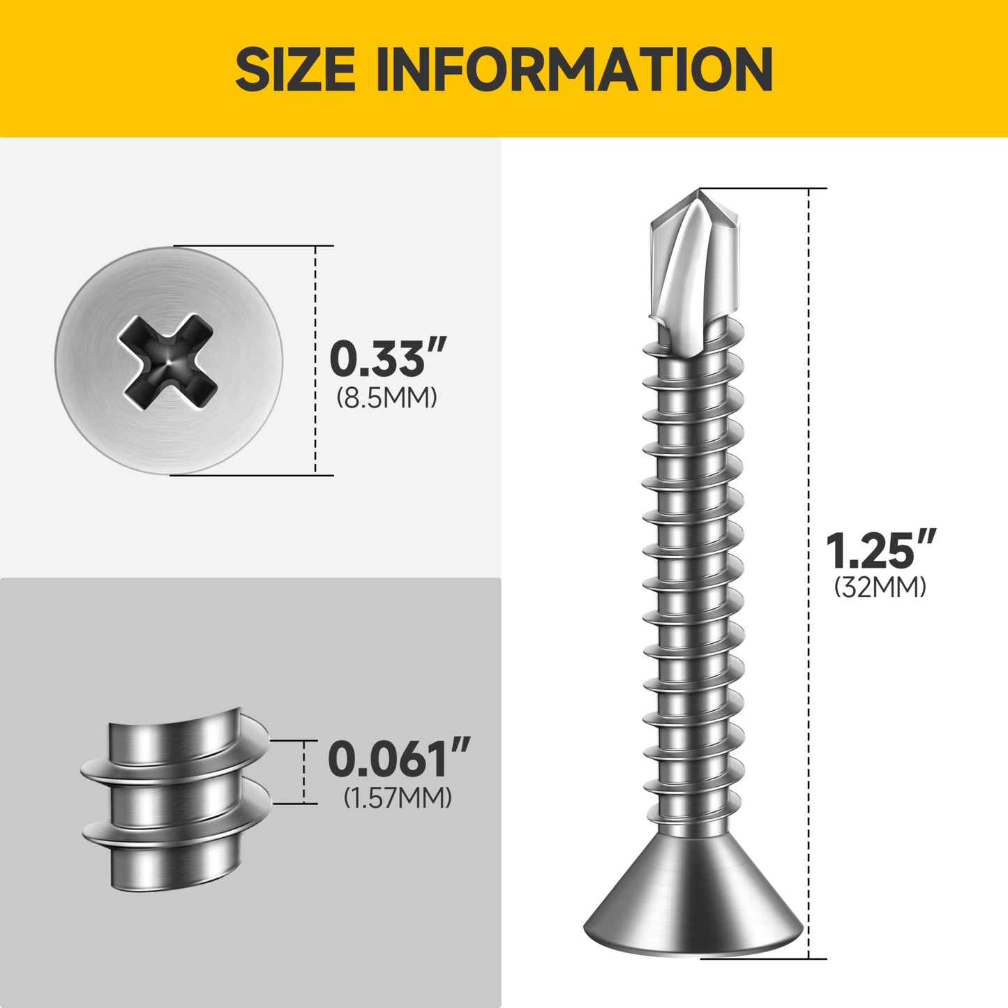 Mywish (200Pcs) #10 x 1-1/4" Self Tapping Screws for Metal, Stainless Steel Flat Phillips Head Sheet Metal Screws, Bright Finish Mouting Self Drilling Screws for Metal Plastic & Wood