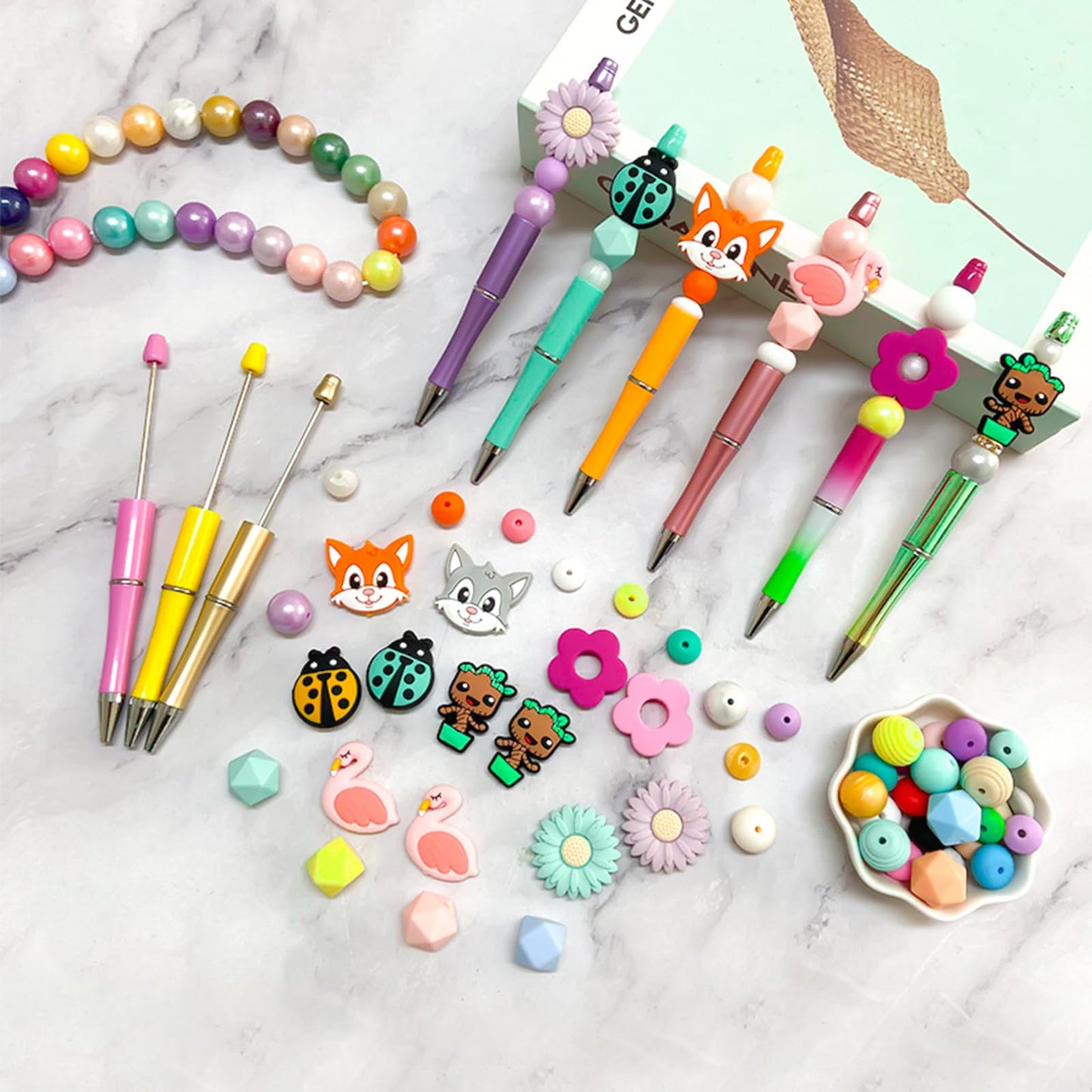 52 Pcs Beadable Pens Set, Plastic Beadable Pens Bulk with 4 Pcs Clear Pen Display Stand, Black Ink Ballpoint Pen Crafting DIY Making Kit for School Office Party Gifts