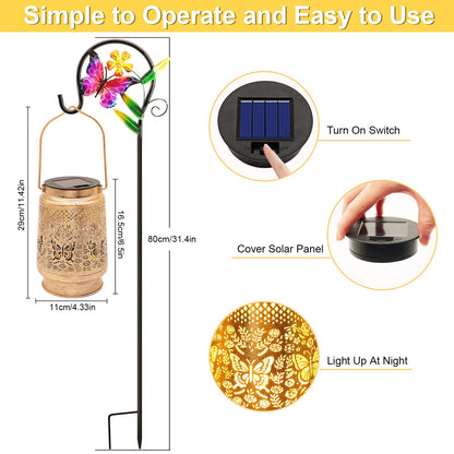 Solar Lanterns Outdoor Hanging Lantern Lights with Shepherd Hook, Gardening Gifts for Mom Grandma Women Butterfly Metal Decor Lantern Waterproof Solar Lights LED Decorative for Garden Yard Patio