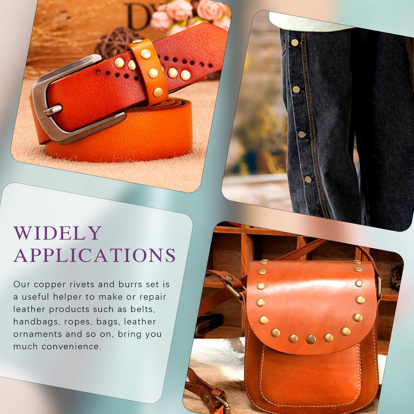 Swpeet 38Pcs 3 Sizes Copper Rivet and Burrs Assortment Kit, Including Stainless Steel Burr Setter and Copper Rivet Fastener Install Setting Tool for Belts Wallets Collars Leather DIY Craft Supplies