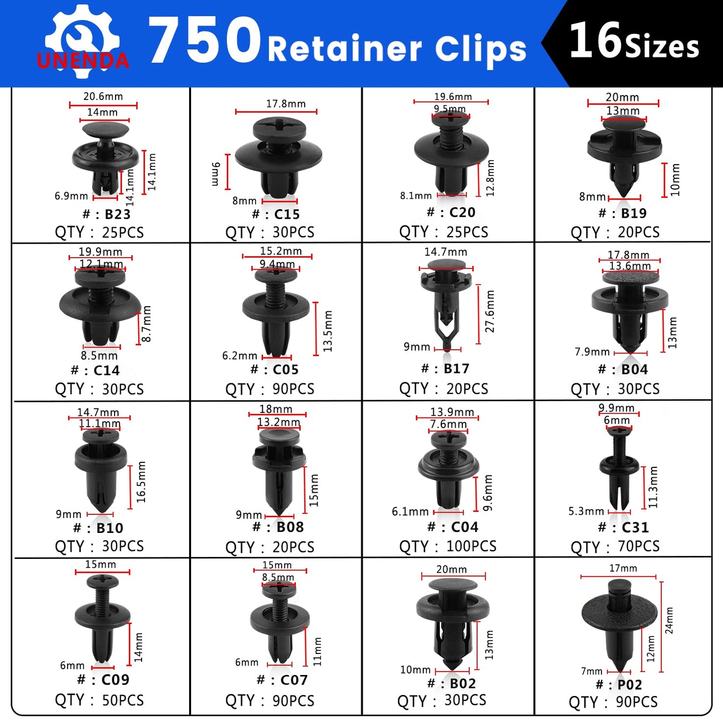 Car Push Retainer Clips 750PCS with 16Most Popular Push Pins for Automotive Parts Sizes Auto Screw Clips with Blue Fastener Remover Tool for Toyota GM Ford Honda Acura Chrysler
