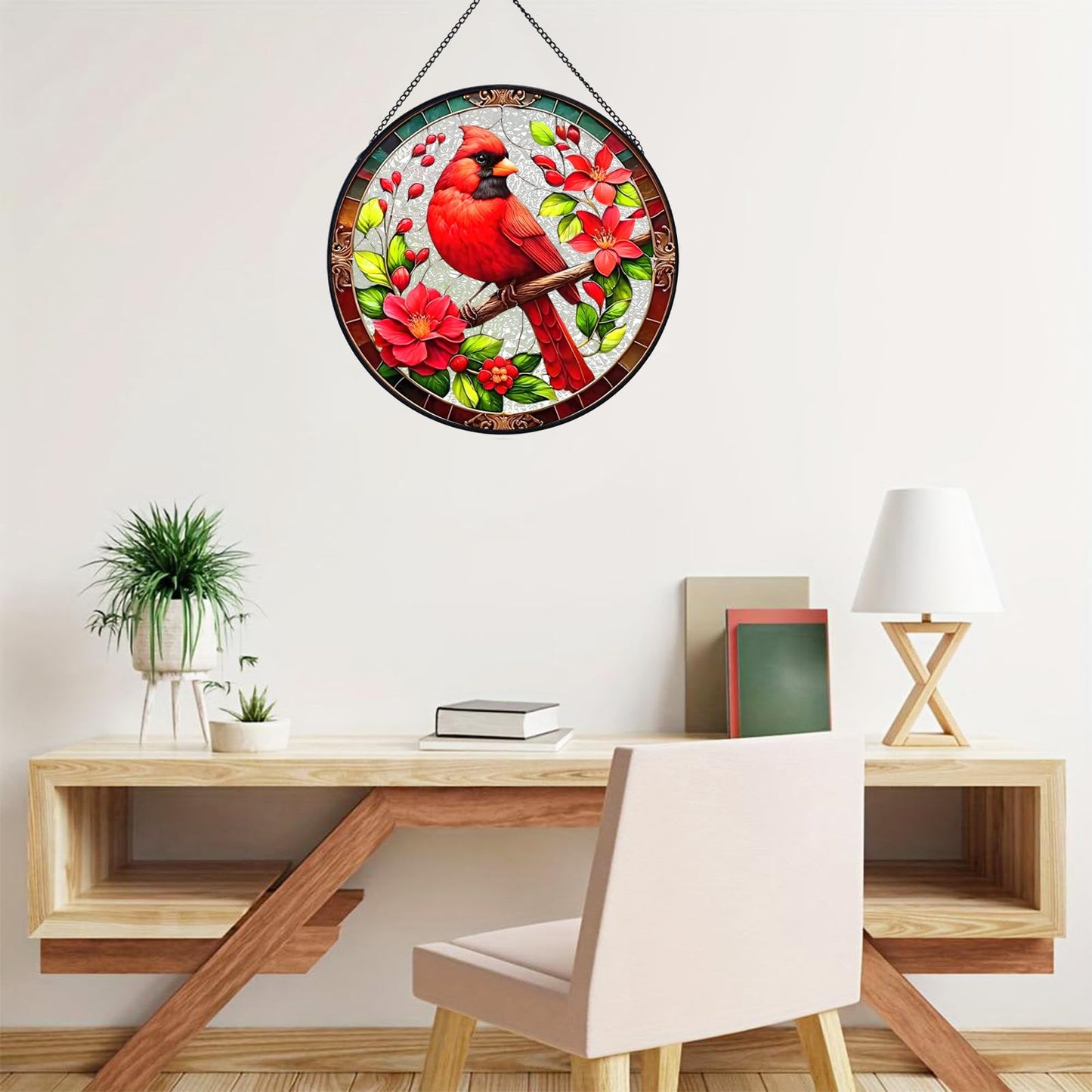 RIVEENY Cardinal Suncatcher Stained Glass, Stained Glass Window Hanging, Cardinal Gifts for Women, Red Birds Suncatchers for Windows, Hand Painted Glass for Birds Lover 20cm/7.87inch