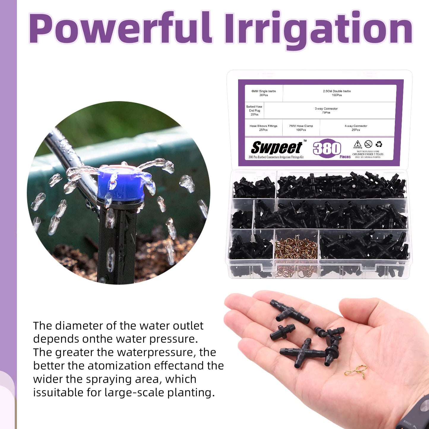 Swpeet 380Pcs 6 Types Barbed Connectors Irrigation Fittings with 7mm Single Wire Hose Clamp Kit, Straight Barbs, Single Barbs, Tees, lbows, End Plug, 4-Way Coupling Drip Irrigation Barbed Connectors