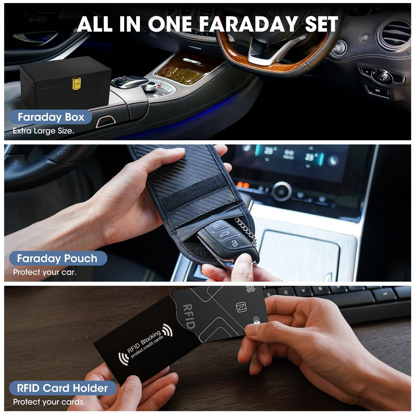 RealPlus | Extra Large | Faraday Box for Car Keys with 2 Pack Faraday Pouch & 2 Pack RFID Blocking Card Holder, Key Signal Blocker Box for Car Security Anti-Theft