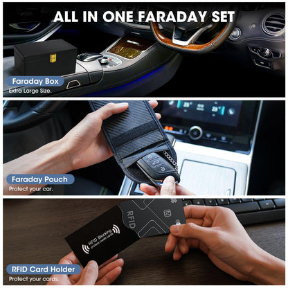 RealPlus | Extra Large | Faraday Box for Car Keys with 2 Pack Faraday Pouch & 2 Pack RFID Blocking Card Holder, Key Signal Blocker Box for Car Security Anti-Theft