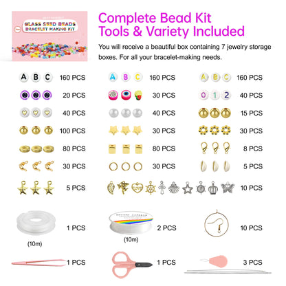 Redtwo 45000 Pcs 3mm Glass Seed Beads Kit, 7 Boxes 144 Colors Small Beads for Bracelets, Friendship Bracelet Kit with Charms and Letters, DIY Art Craft Girls Gifts