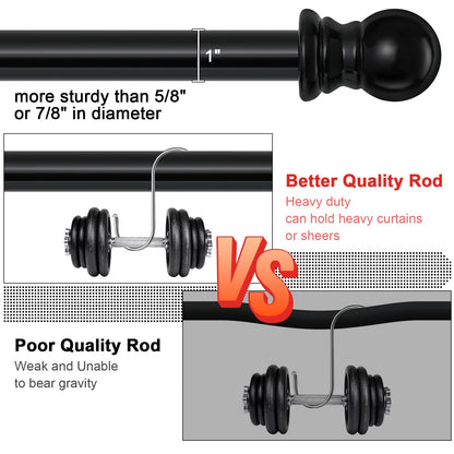 Curtain Rods for windows,1" Diameter Metal Single Adjustable Telescoping Curtain Rod with Finials (Black, 30-90")