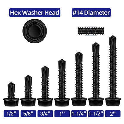 #14 x 3 Hex Washer Head Self Tapping Screws, TEK Screws, Self Drilling, Stainless Steel 410 Sheet Metal Screws, Black Finish, 25 PCS