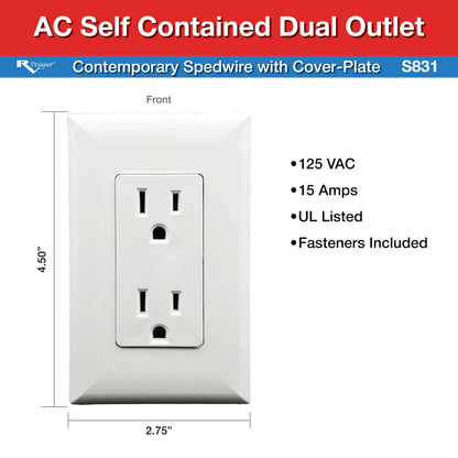 RV Designer S831, AC Contemporary Dual Outlet, Self Contained, Speedwire With Cover-Plate, White