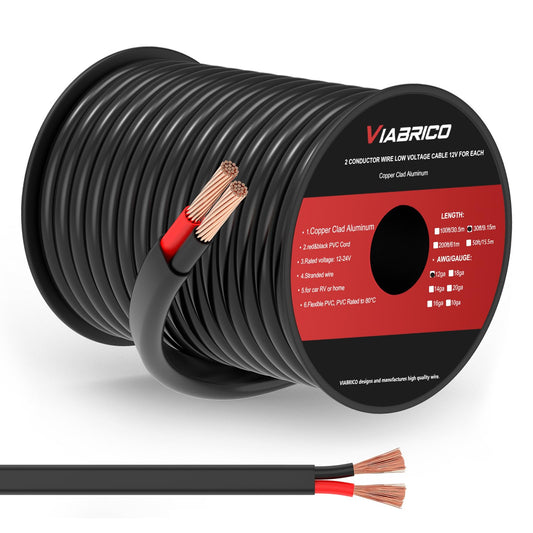 VIABRICO 12 Gauge 2 Conductor Electrical Wire, 12 AWG 3.3mm Wire PVC Cord, 12V/24V DC Low Voltage/Copper Clad Aluminum Flexible/2 Wire for Automotive LED Strips Lamp Lighting Marine (9.1M/30FT)