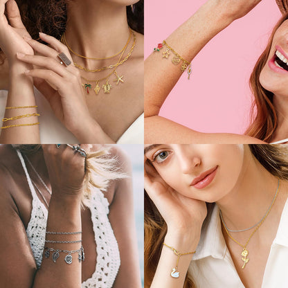 Zefy 18K Gold Silver Chain for Jewelry Making, 19.7ft 6 Rolls Stainless Steel Chains Bulk with 348 Pcs Charms, Jump Rings Lobster Clasps Set for DIY Bracelet Necklace Crafts