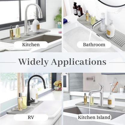 PoYang 24 inch Kitchen Sink Splash Guard, Silicone Draining Mat for Sink Longer Silicone Faucet Drainer Pad, Sink Protector for Kitchen Sink Mat, Sponge Holder for Kitchen Sink Accessories, Light Grey