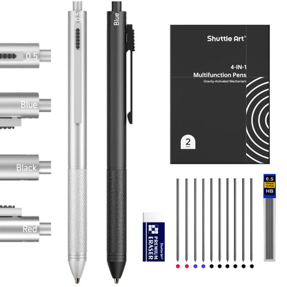 Shuttle Art 4 in 1 Multicolor Pen, 2 Pack Retractable Ballpoint Pens with 1.0mm Black Blue Red Ink and 0.5mm Mechanical Pencil, Multifunction Pens Gift Set for Writing Note Taking School Office Home
