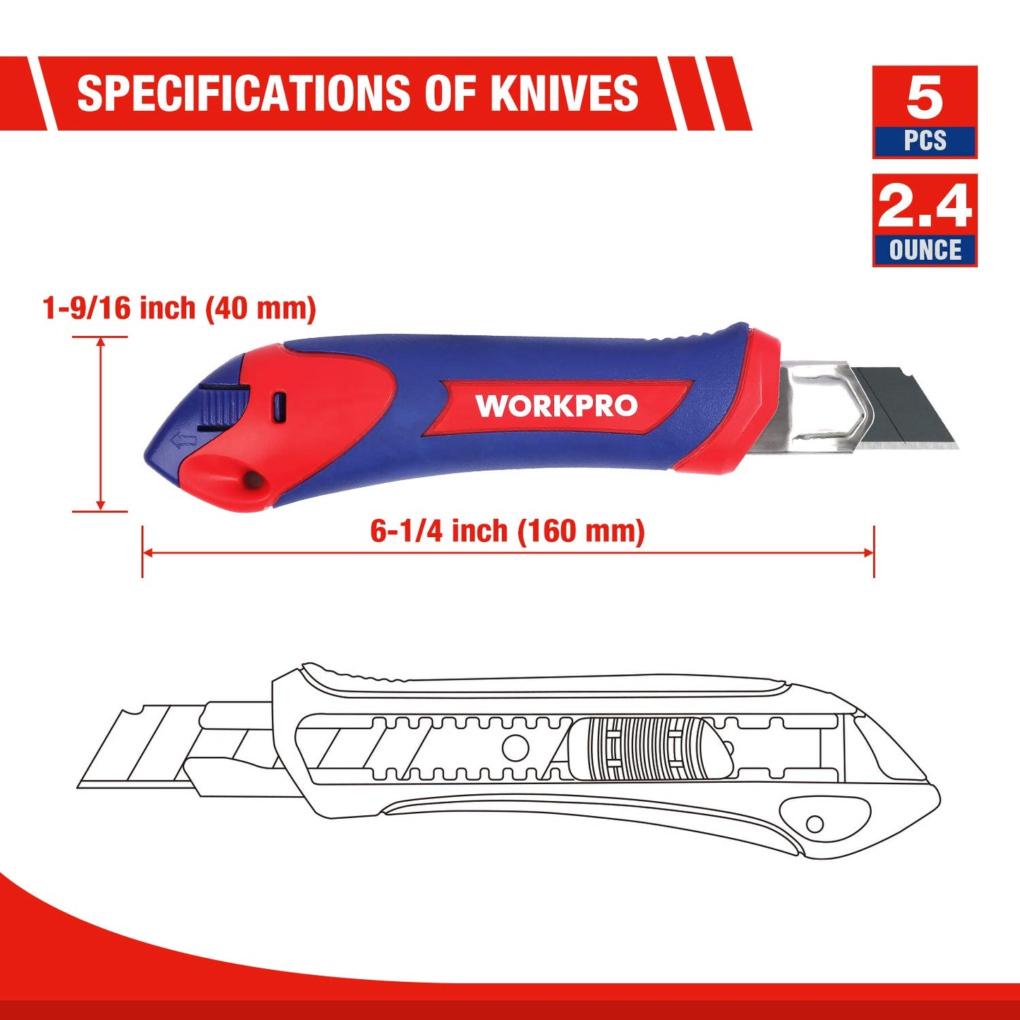 WORKPRO 5-Pack Snap-Off Utility Knife with 20-Pack 18 mm Razor Sharp Blades, Retractable Box Cutter for Cutting Cardboard, Boxes,Carpet, Rope
