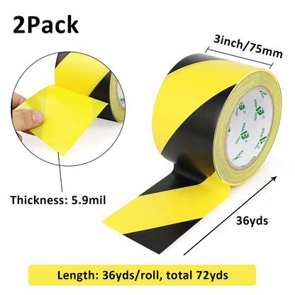 BOMEI PACK Black and Yellow Safety Tape, Floor Hazard Marking Tape for Caution and Warning, 2Rolls 3inch x 36 yds x 5.9mil