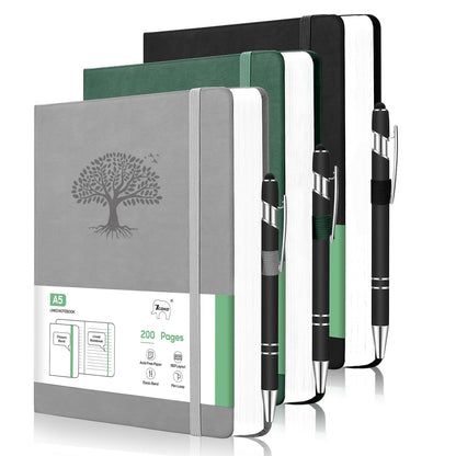 3 Pack Notebook for Work, Leather Journal for Women Men, A5 College Ruled Journal Notebook, Hardcover Notebooks with Pens,100GSM Paper, Office Supplies(Grey & Black & Green)