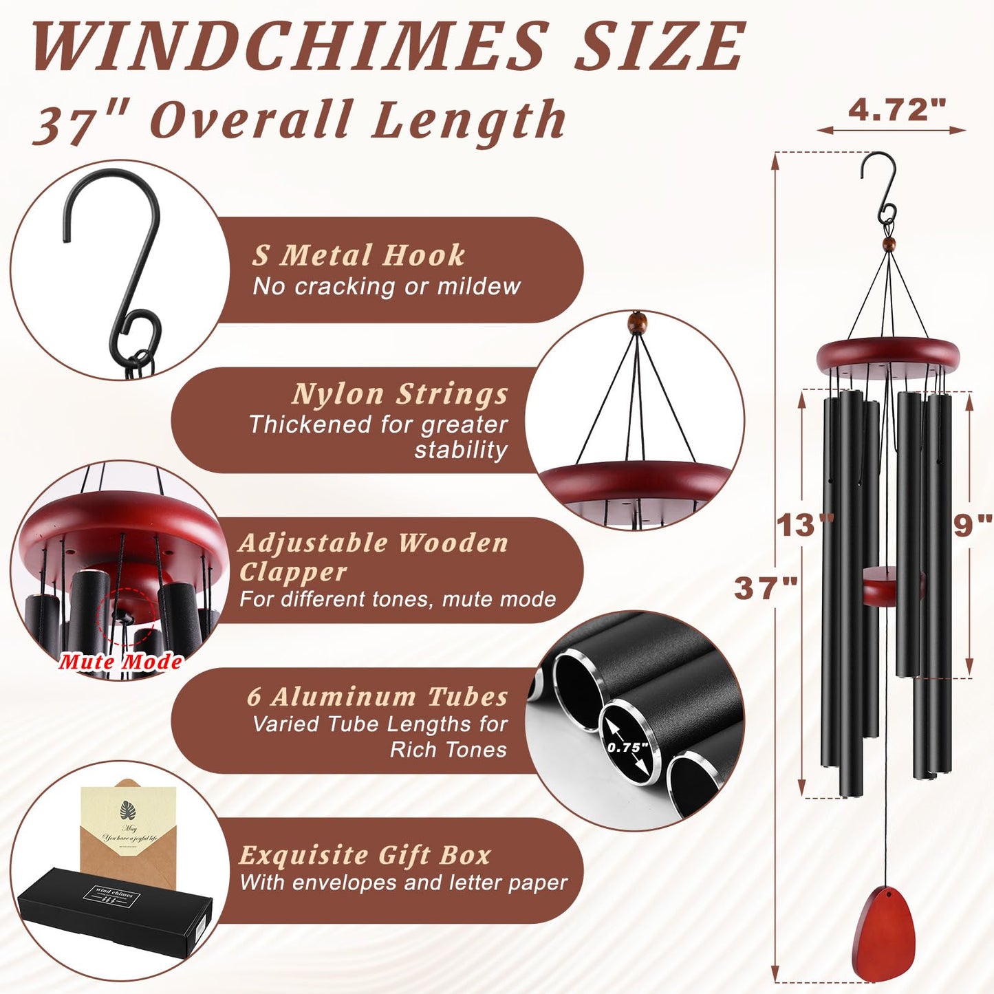 Remiawy Wind Chimes Outdoor, 37" Large Deep Tone Windchimes with 6 Aluminum Tubes, Sympathy Gift for Loss Loved One, Memorial Wind Chimes for Outside Garden Patio Yard Balcony Courtyard and Home Decor