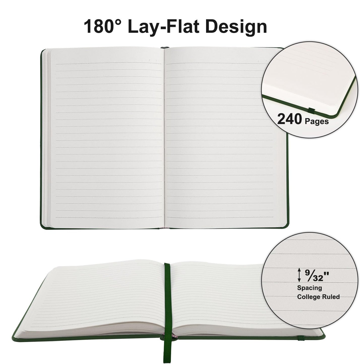 COMIX A4 Hardcover Journal Notebook, 240 Pages, College Ruled,8.5" x 11" Vegan Leather Notebook with Elastic Band for Work, School, Travel, Business,Dark Green