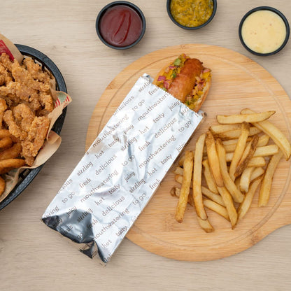 Restaurantware-Bag Tek 3.7 x 1.2 x 9.2 Inch Hot Dog Bags, 100 Small Hot Dog Wrappers - Greaseproof, Freezer-Safe, Printed Foil Accessories, Heat-Resistant, Non-Vented