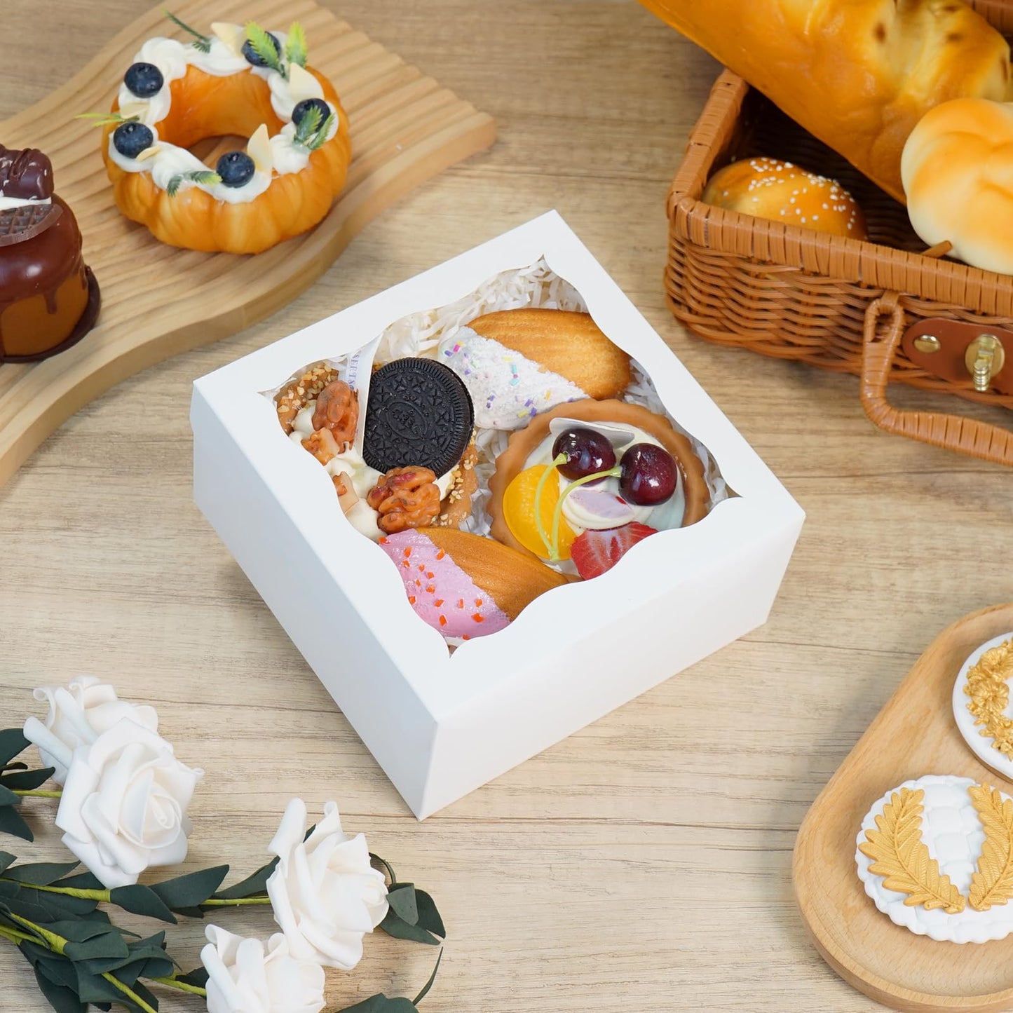 XINHPKGG 50 Pack Cookie Boxes 6x6x3 Inch Bakery Boxes with Window Treat Box Dessert Box for Macaron Mini Cake Chocolate Covered Strawberries Pastry - White