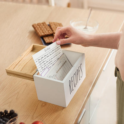 Dahey Wooden Recipe Box White Recipe Organizer with 100 Recipe Cards and 6 Dividers, Recipe Card Holder Box Set with Lid and Slots to Write in Your Own Recipes for Cooking Lover Kitchen, 6.9''x4.3''