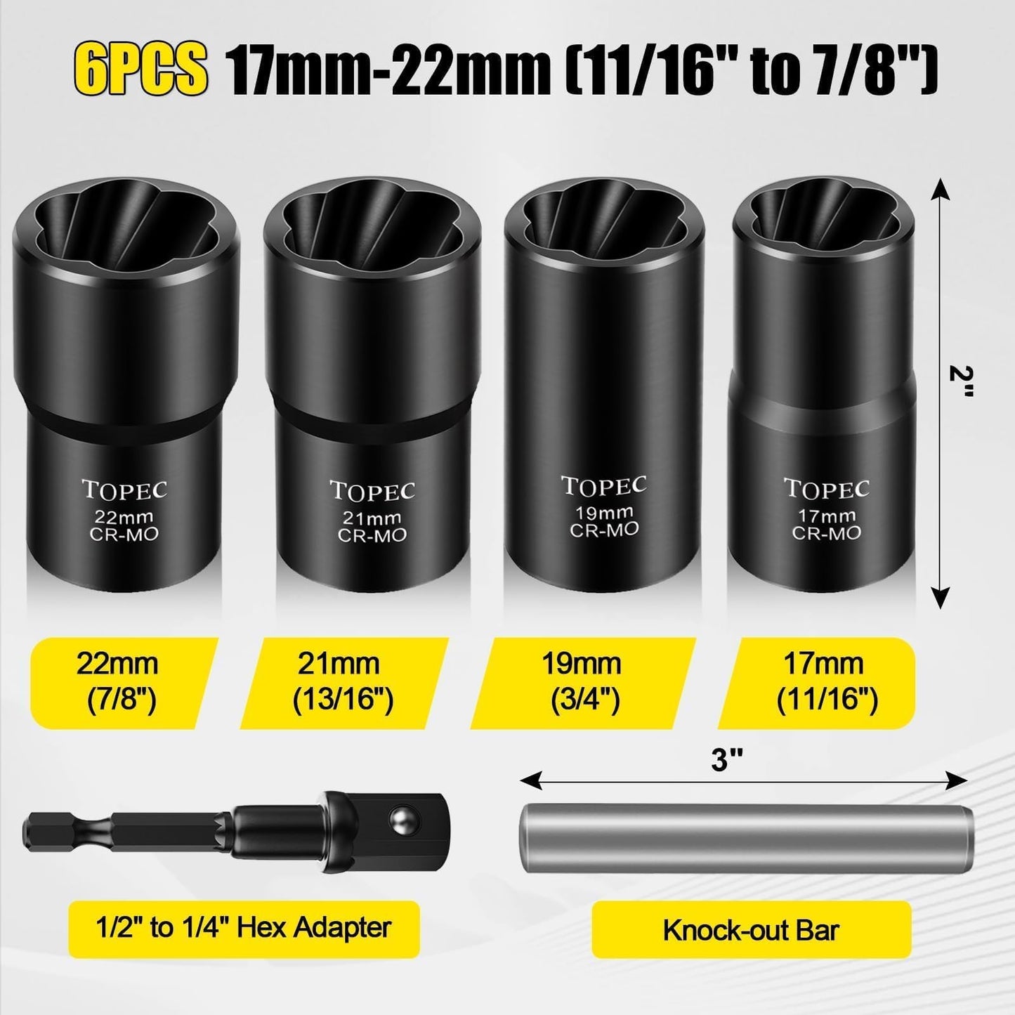 Topec 6PCS Lug Nut Removal Tool, 1/2-Inch Drive Wheel Lock Removal Kit, 17,19,21,22mm Stripped Lug Nut Remover, Extractor Socket Set for Broken, Damaged, Rounded Bolts