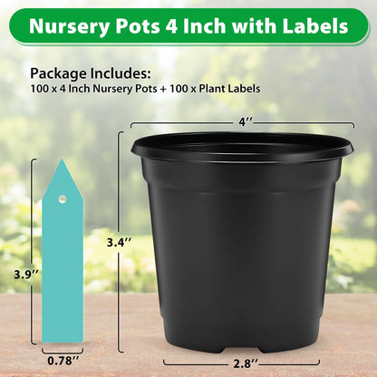 Sfee 100 Pack Plant Nursery Pots 4 inch Plastic Plant Pots, Soft Durable Reusable Seed Starting Pots for Succulents Plants Vegetables Fruits Seedlings Transplanting with 100 Plant Labels (Black)