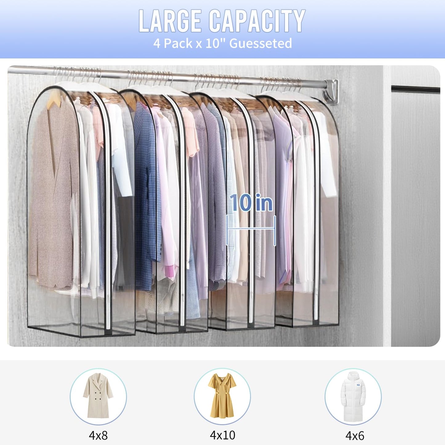 Clear Garment Bag For Hanging Clothes 50" Longth- 4 Pack 10" Gusseted Suit Bags For Closet Storage, Plastic Clothes Storage Bag For Suit Coat Dress, fur, Clothes Cover For Open Closet