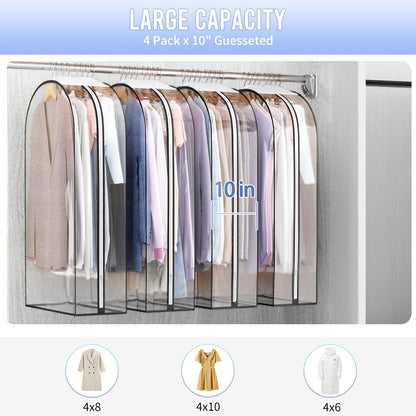 Clear Garment Bag For Hanging Clothes 50" Longth- 4 Pack 10" Gusseted Suit Bags For Closet Storage, Plastic Clothes Storage Bag For Suit Coat Dress, fur, Clothes Cover For Open Closet