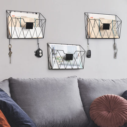 YBING Wall File Organizer for Office Hanging Wall File Holder and Basket Set of 3 Wall Mounted File Rack with Hooks Metal Wall Storage for Office Living Room, Black