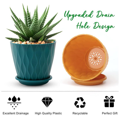 6 Inch Plant Pots with Drainage Holes and Saucers, Multicolor Flower Planters for Indoor Outdoor Use, 5 Pack