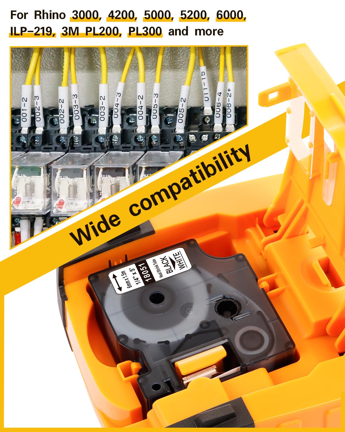 Replace Dymo Heat Shrink Labels 1/4 Inch Heat Shrink Tube Tape 18051 A18051 Rhino 5200 Refills Black on White Industrial Compatible with Rhino 4200, 5000,5200,6000,6500 Label Maker, 3-Pack